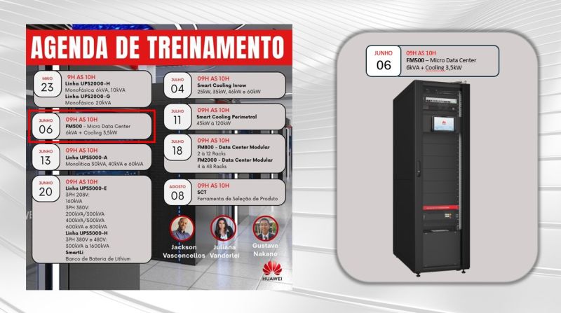 A HDT e Huawei realizarão uma jornada de conhecimento das soluções para missão critica. Será abordado a linha FM500 – Micro Data Center com UPS 6kVA e Ar-condicionado 3,5kW, e como todos os parceiros podem maximizar seus ganhos com esta solução.